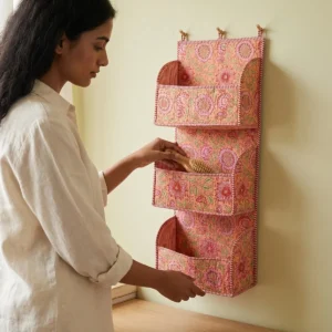 Peach Coral Quilted Cotton Wall Organizer Floral 3 Pocket Hanging Storage