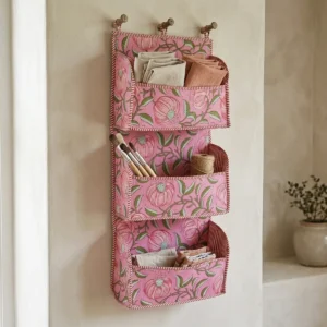 Handmade Pink Floral Quilted Cotton Wall Organizer