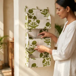 Green Botanical Fabric Mail Sorter Caddy
