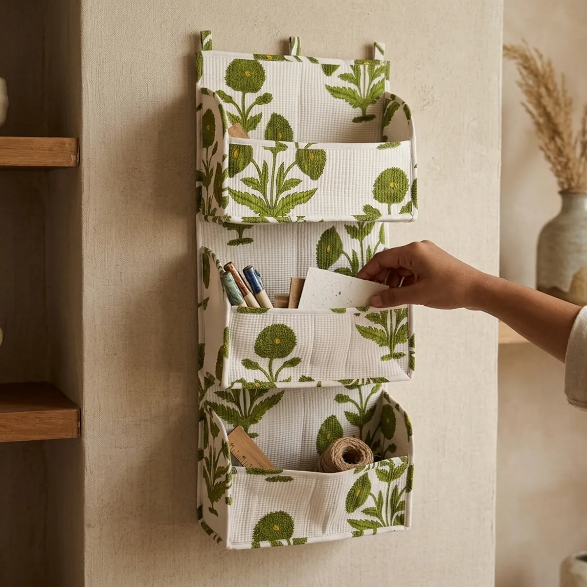 Handmade Green Floral Quilted Cotton Wall Organizer