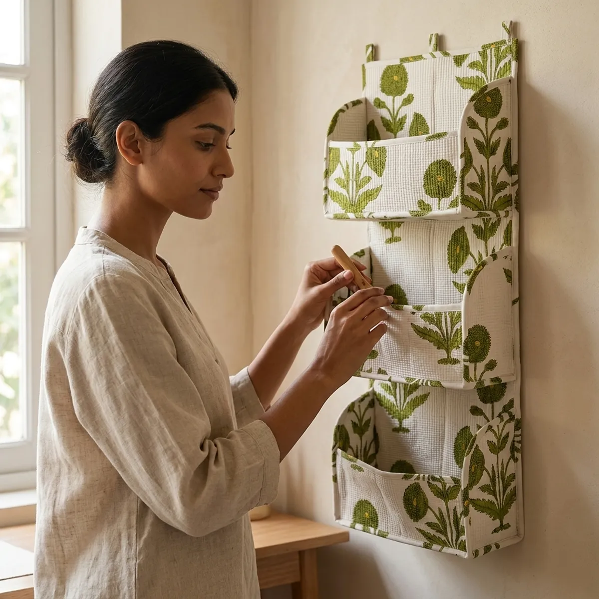 Green Floral Quilted Cotton Wall Organizer Botanical 3 Pocket Hanging Storage