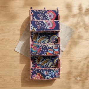 Handmade quilted cotton wall organizer with navy blue floral print and 3 storage pockets