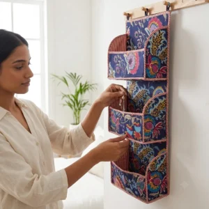 Handmade quilted cotton wall organizer with navy blue floral print and 3 storage pockets