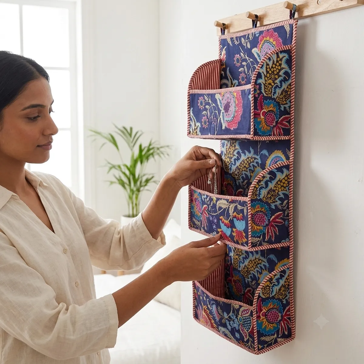 Handmade quilted cotton wall organizer with navy blue floral print and 3 storage pockets