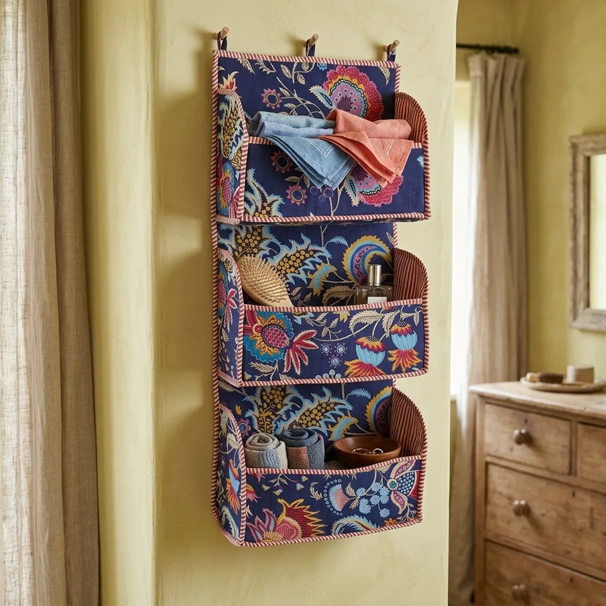 Handmade quilted cotton wall organizer with navy blue floral print and 3 storage pockets